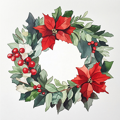 JPG 열매 크리스마스 일러스트 프레임 사람없음 초록색 풀잎 포인세티아 리스장식 크리스마스리스 국내일러스트 AI일러스트 AI콘텐츠 식물 기념일 꽃 컬러 잎 장식 화환 풀_식물 파일형식