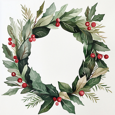JPG 열매 크리스마스 일러스트 프레임 사람없음 초록색 풀잎 리스장식 크리스마스리스 국내일러스트 AI일러스트 AI콘텐츠 식물 기념일 컬러 잎 장식 화환 풀_식물 파일형식