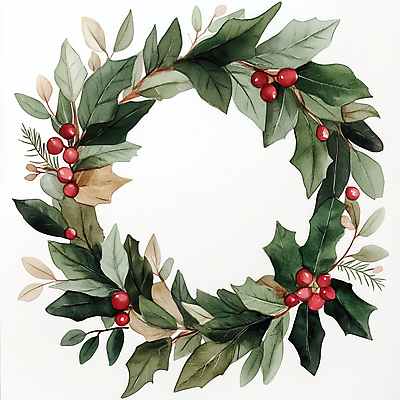 JPG 열매 크리스마스 일러스트 프레임 사람없음 초록색 풀잎 리스장식 크리스마스리스 국내일러스트 AI일러스트 AI콘텐츠 식물 기념일 컬러 잎 장식 화환 풀_식물 파일형식