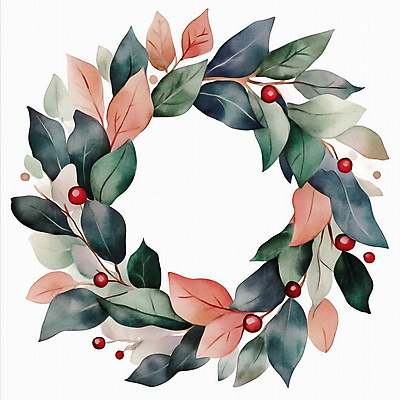 JPG 열매 크리스마스 일러스트 프레임 사람없음 초록색 풀잎 리스장식 크리스마스리스 국내일러스트 AI일러스트 AI콘텐츠 식물 기념일 컬러 잎 장식 화환 풀_식물 파일형식