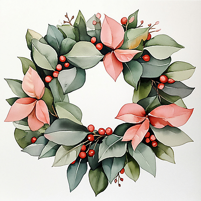 JPG 열매 크리스마스 일러스트 프레임 사람없음 초록색 풀잎 리스장식 크리스마스리스 국내일러스트 AI일러스트 AI콘텐츠 식물 기념일 컬러 잎 장식 화환 풀_식물 파일형식