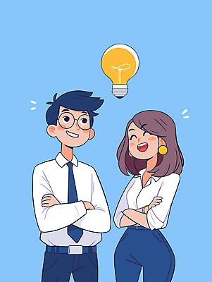 캐릭터 여자 남자 하늘색 일러스트 비즈니스 전구 협력 아이디어 미소 성인 두명 팔짱 직장인 영감 창의력 성인만 브레인스토밍 일러캐릭터 AI파일 직업 컨셉 모션 표정 사람 파란색 파일형식 벡터