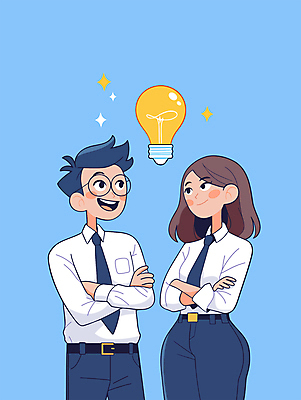 캐릭터 여자 남자 하늘색 일러스트 비즈니스 전구 협력 아이디어 미소 성인 두명 팔짱 직장인 영감 창의력 성인만 브레인스토밍 일러캐릭터 AI파일 직업 컨셉 모션 표정 사람 파란색 파일형식 벡터