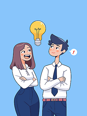 캐릭터 여자 남자 하늘색 일러스트 비즈니스 전구 협력 아이디어 미소 성인 두명 팔짱 직장인 영감 창의력 성인만 브레인스토밍 일러캐릭터 AI파일 직업 컨셉 모션 표정 사람 파란색 파일형식 벡터