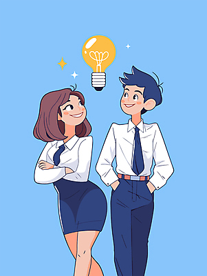 캐릭터 여자 남자 하늘색 일러스트 비즈니스 전구 협력 아이디어 미소 성인 두명 팔짱 직장인 영감 창의력 성인만 브레인스토밍 일러캐릭터 AI파일 직업 컨셉 모션 표정 사람 파란색 파일형식 벡터