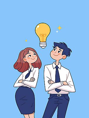 캐릭터 여자 남자 하늘색 일러스트 비즈니스 전구 협력 아이디어 미소 성인 두명 팔짱 직장인 영감 창의력 성인만 브레인스토밍 일러캐릭터 AI파일 직업 컨셉 모션 표정 사람 파란색 파일형식 벡터