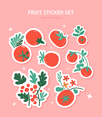 스티커 토마토 일러스트 사람없음 빨간색 반짝임 세트 귀여움 풀잎 엘리먼트 국내일러스트 AI파일 컬러 컨셉 잎 채소 모션 풀_식물 파일형식 벡터