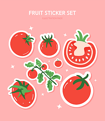스티커 토마토 일러스트 사람없음 빨간색 반짝임 세트 귀여움 풀잎 엘리먼트 국내일러스트 AI파일 컬러 컨셉 잎 채소 모션 풀_식물 파일형식 벡터