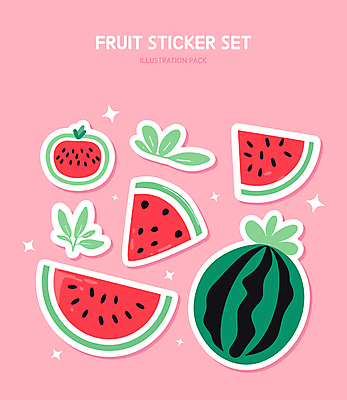 스티커 일러스트 수박 사람없음 초록색 반짝임 세트 귀여움 풀잎 엘리먼트 국내일러스트 AI파일 컬러 컨셉 잎 과일 모션 풀_식물 파일형식 벡터