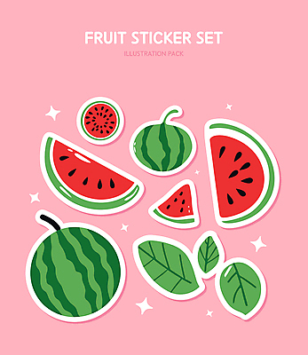 스티커 일러스트 수박 사람없음 초록색 반짝임 세트 귀여움 풀잎 엘리먼트 국내일러스트 AI파일 컬러 컨셉 잎 과일 모션 풀_식물 파일형식 벡터