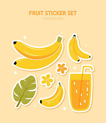 꽃 스티커 일러스트 잔 바나나 빨대 사람없음 반짝임 세트 노란색 귀여움 주스 풀잎 엘리먼트 국내일러스트 AI파일 식물 식기 음료 컬러 컨셉 잎 과일 모션 풀_식물 파일형식 벡터