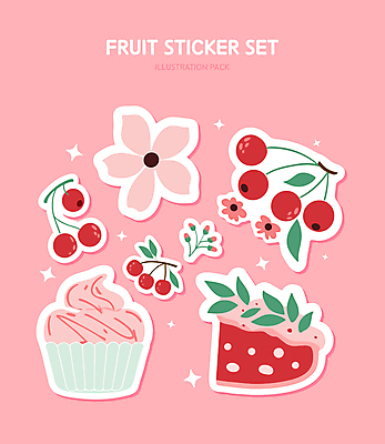 꽃 분홍색 스티커 일러스트 사람없음 반짝임 세트 귀여움 풀잎 체리 컵케이크 엘리먼트 국내일러스트 AI파일 식물 컬러 컨셉 잎 과일 모션 케이크 풀_식물 파일형식 벡터