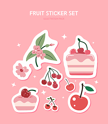 꽃 분홍색 스티커 일러스트 사람없음 반짝임 세트 귀여움 케이크 풀잎 체리 엘리먼트 국내일러스트 AI파일 식물 컬러 컨셉 잎 과일 모션 디저트 풀_식물 파일형식 벡터