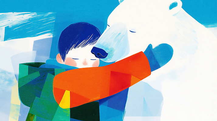 JPG 남자 어린이 장갑 겨울 일러스트 포옹 자연 한명 소년 파란색 친구 평화 보호 북극곰 소년한명만 국내일러스트 멸종위기종 AI일러스트 AI콘텐츠 1 잡화 계절 컬러 컨셉 곰 관계 안기 사람 생태계 남자한명만 소년만 파일형식