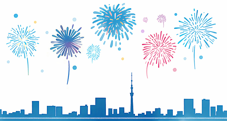 JPG 라이프스타일 일러스트 폭죽 불꽃놀이 사람없음 여름 파란색 축제 가을 도시 국내일러스트 AI일러스트 AI콘텐츠 계절 컬러 놀이 생활 파일형식