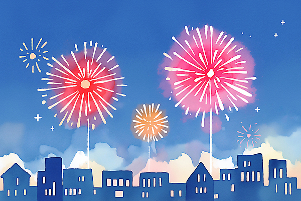 JPG 라이프스타일 야경 일러스트 밤하늘 폭죽 불꽃놀이 사람없음 여름 파란색 축제 가을 도시 국내일러스트 AI일러스트 AI콘텐츠 계절 컬러 놀이 하늘 생활 야간 파일형식 풍경_경치