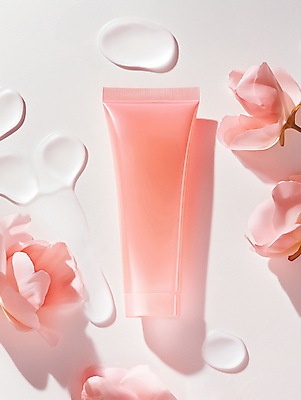 JPG 편집이미지 꽃잎 사람없음 화장품 세수 클렌징 클렌징크림 목업 코랄 편집실사 AI포토 AI콘텐츠 꽃 컬러 뷰티 청결 CG 세안용품 파일형식