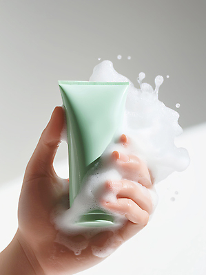 JPG 편집이미지 손 신체부위 초록색 화장품 거품 잡기 세수 클렌징 목업 편집실사 AI인물포토 AI콘텐츠 컬러 모션 사람 뷰티 청결 CG 파일형식 AI포토