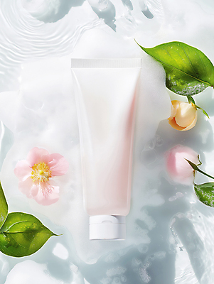 JPG 편집이미지 꽃 나뭇잎 사람없음 화장품 흰색 세수 클렌징 목업 편집실사 AI포토 AI콘텐츠 식물 컬러 잎 뷰티 청결 CG 파일형식