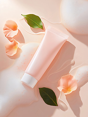 JPG 편집이미지 꽃잎 나뭇잎 사람없음 화장품 거품 세수 클렌징 목업 코랄 편집실사 AI포토 AI콘텐츠 꽃 컬러 잎 뷰티 청결 CG 파일형식