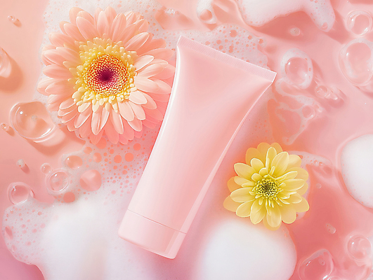 JPG 편집이미지 꽃 분홍색 사람없음 화장품 거품 세수 클렌징 목업 편집실사 AI포토 AI콘텐츠 식물 컬러 뷰티 청결 CG 파일형식