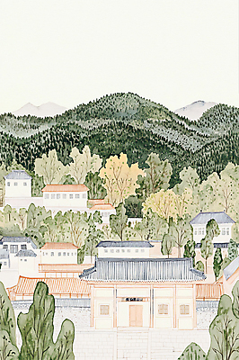 PSD 전통 라이프스타일 일러스트 산 한옥 주택 풍경 사람없음 초록색 마을 분위기 감성 국내일러스트 한국전통 컬러 컨셉 고건축 건물 생활 파일형식