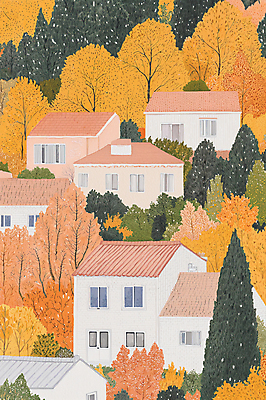 PSD 라이프스타일 단풍 일러스트 산 주택 풍경 사람없음 노란색 마을 가을 분위기 감성 국내일러스트 계절 컬러 컨셉 잎 건물 생활 파일형식