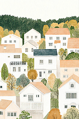 PSD 라이프스타일 단풍 일러스트 산 주택 풍경 사람없음 초록색 마을 가을 분위기 감성 국내일러스트 계절 컬러 컨셉 잎 건물 생활 파일형식