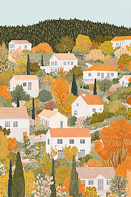 PSD 라이프스타일 단풍 일러스트 산 주택 풍경 사람없음 노란색 마을 가을 분위기 감성 국내일러스트 계절 컬러 컨셉 잎 건물 생활 파일형식