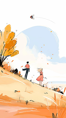 JPG 전신 나무 커플 여자 남자 여유 단풍 일러스트 자연 풍경 초원 성인 두명 주황색 가을 연 성인만 국내일러스트 AI일러스트 AI콘텐츠 식물 계절 감정 컬러 잎 관계 사람 놀이용품 생태계 파일형식