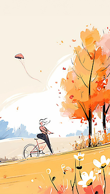 JPG 전신 나무 여자 여유 단풍 일러스트 자연 한명 풍경 초원 성인 자전거 주황색 들꽃 가을 연 성인여자한명만 국내일러스트 AI일러스트 AI콘텐츠 식물 1 계절 꽃 감정 컬러 잎 사람 놀이용품 바이크 생태계 여자한명만 성인여자만 파일형식