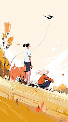 JPG 전신 나무 여자 여유 단풍 일러스트 자연 풍경 초원 성인 두명 주황색 가을 강아지 연날리기 성인여자만 국내일러스트 AI일러스트 AI콘텐츠 식물 계절 감정 컬러 잎 사람 반려동물 전통놀이 개 생태계 여자만 성인만 파일형식