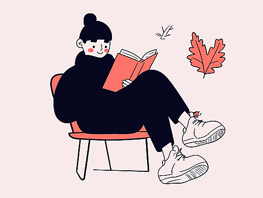 여자 여유 분홍색 낙엽 의자 일러스트 한명 앉기 성인 책 독서 다리꼬기 읽기 성인여자한명만 국내일러스트 독파민 AI파일 1 감정 컬러 가구 잎 모션 사람 신조어 여자한명만 성인여자만 파일형식 벡터