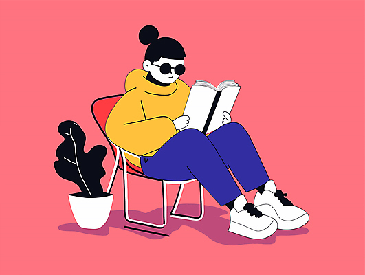 여자 화분 화초 여유 분홍색 의자 일러스트 한명 앉기 성인 책 선글라스 독서 읽기 성인여자한명만 국내일러스트 독파민 AI파일 식물 1 감정 안경 컬러 가구 모션 사람 신조어 여자한명만 성인여자만 파일형식 벡터