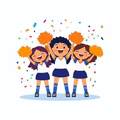 전신 여자 어린이 유니폼 일러스트 응원 미소 들기 소녀 세명 손들기 만세 응원용품 축하 춤 즐거움 치어리더 퍼포먼스 소녀만 국내일러스트 AI파일 옷 감정 컨셉 모션 문화예술 표정 사람 오브젝트 여자만 어린이만 파일형식 벡터