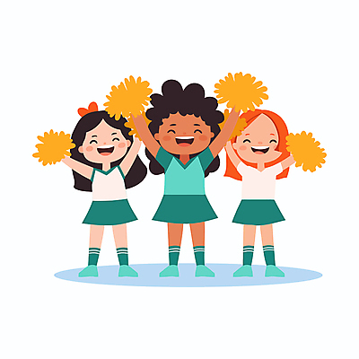 전신 여자 어린이 유니폼 일러스트 응원 미소 들기 소녀 세명 손들기 만세 응원용품 축하 춤 즐거움 치어리더 퍼포먼스 민트색 소녀만 국내일러스트 AI파일 옷 감정 컬러 컨셉 모션 문화예술 표정 사람 오브젝트 여자만 어린이만 파일형식 벡터