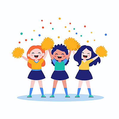 전신 여자 어린이 유니폼 일러스트 응원 미소 들기 소녀 세명 손들기 만세 응원용품 축하 춤 즐거움 치어리더 퍼포먼스 소녀만 국내일러스트 AI파일 옷 감정 컨셉 모션 문화예술 표정 사람 오브젝트 여자만 어린이만 파일형식 벡터