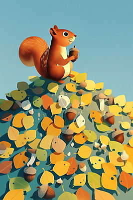 JPG 낙엽 일러스트 자연 들기 사람없음 갈색 귀여움 가을 다람쥐 도토리 국내일러스트 AI일러스트 AI콘텐츠 계절 컬러 컨셉 잎 모션 견과류 설치류 생태계 파일형식