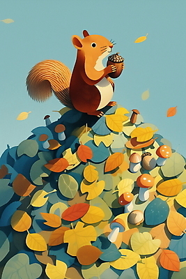 JPG 낙엽 일러스트 자연 들기 사람없음 갈색 귀여움 가을 다람쥐 도토리 국내일러스트 AI일러스트 AI콘텐츠 계절 컬러 컨셉 잎 모션 견과류 설치류 생태계 파일형식