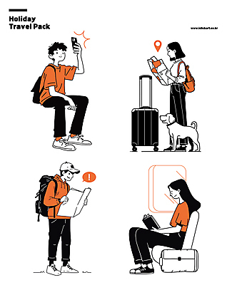 전신 여자 남자 여행 지도 일러스트 휴가 휴식 여러명 성인 일상 책 스마트폰 독서 캐리어 사진촬영 주황색 읽기 성인만 국내일러스트 AI파일 컬러 다수 컨셉 모션 사람 라이프 핸드폰 스마트기기 여행가방 촬영 파일형식 벡터