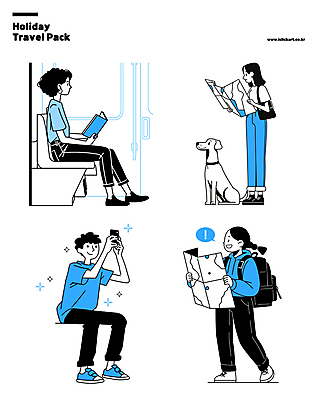 전신 여자 남자 여행 지도 일러스트 휴가 휴식 여러명 성인 일상 책 파란색 스마트폰 독서 여행가방 사진촬영 강아지 읽기 성인만 국내일러스트 AI파일 컬러 다수 컨셉 가방 모션 사람 라이프 핸드폰 스마트기기 반려동물 촬영 개 파일형식 벡터