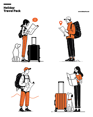 전신 여자 남자 여행 지도 일러스트 휴가 휴식 여러명 성인 일상 카메라 캐리어 주황색 강아지 위치 성인만 국내일러스트 AI파일 컬러 다수 컨셉 사람 라이프 전자제품 반려동물 여행가방 개 파일형식 벡터