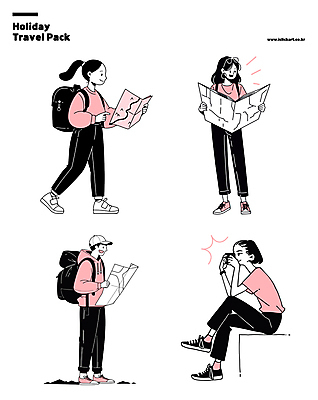 전신 여자 남자 분홍색 여행 지도 일러스트 휴가 휴식 여러명 성인 일상 카메라 여행가방 사진촬영 다리꼬기 성인만 국내일러스트 AI파일 컬러 다수 컨셉 가방 모션 사람 라이프 전자제품 촬영 파일형식 벡터