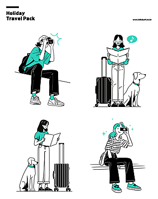 전신 여자 여행 지도 일러스트 휴가 휴식 여러명 성인 일상 초록색 카메라 캐리어 사진촬영 강아지 성인여자만 국내일러스트 AI파일 컬러 다수 컨셉 사람 라이프 전자제품 반려동물 여행가방 촬영 개 여자만 성인만 파일형식 벡터