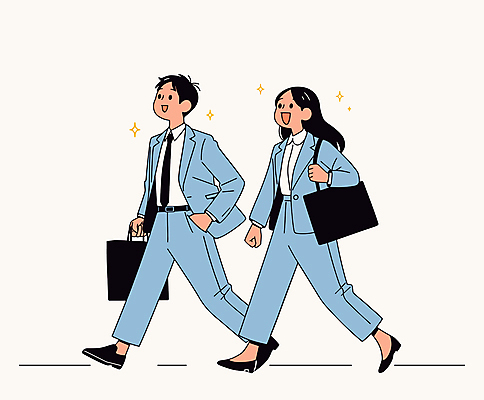 전신 여자 남자 서류가방 일러스트 성인 두명 일상 파란색 비즈니스맨 비즈니스우먼 즐거움 출근 퇴근 성인만 국내일러스트 AI파일 감정 컬러 가방 비즈니스 사람 라이프 직장인 출퇴근 파일형식 벡터