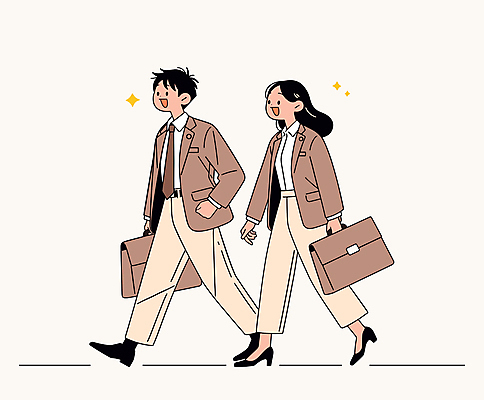 전신 여자 남자 서류가방 일러스트 성인 두명 일상 갈색 비즈니스맨 비즈니스우먼 즐거움 출근 퇴근 성인만 국내일러스트 AI파일 감정 컬러 가방 비즈니스 사람 라이프 직장인 출퇴근 파일형식 벡터