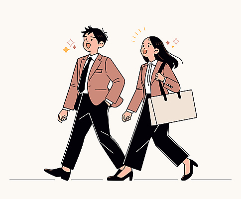 전신 여자 남자 서류가방 일러스트 성인 두명 일상 갈색 비즈니스맨 비즈니스우먼 즐거움 출근 퇴근 성인만 국내일러스트 AI파일 감정 컬러 가방 비즈니스 사람 라이프 직장인 출퇴근 파일형식 벡터