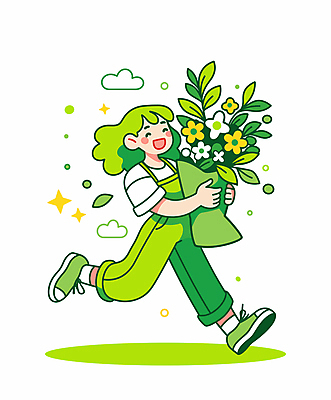 전신 여자 꽃다발 일러스트 자연 나뭇잎 선물 한명 웃음 들기 성인 초록색 달리기 성인여자한명만 국내일러스트 AI파일 1 꽃 컬러 잎 모션 표정 사람 생태계 여자한명만 성인여자만 파일형식 벡터