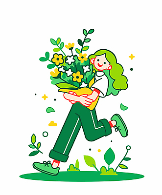 전신 여자 꽃다발 일러스트 자연 나뭇잎 선물 한명 웃음 들기 성인 초록색 달리기 성인여자한명만 국내일러스트 AI파일 1 꽃 컬러 잎 모션 표정 사람 생태계 여자한명만 성인여자만 파일형식 벡터