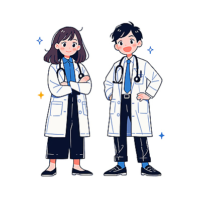 전신 여자 남자 허리손 일러스트 청진기 웃음 성인 두명 파란색 팔짱 믿음 의사 의료용품 의사가운 전문직 성인만 일러캐릭터 AI파일 직업 캐릭터 감정 컬러 포즈 의료기기 모션 표정 사람 의료진 가운 파일형식 벡터